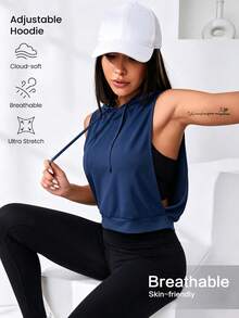 Dewbera Dewbera Women's Solid Color Drawstring Hooded Sleeveless Sports Sweatshirt Gym Workout Navy Blue Summer Active Athleisure Casual - Navy Blue - View 1