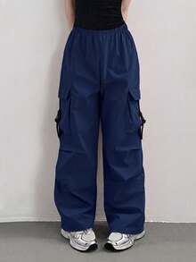 Teen Girl Casual Versatile Solid Color Cargo Pants - Navy Blue - View 4