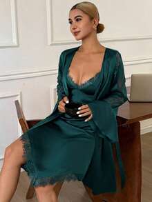 DAZY Summer Charming Satin & Lace Patchwork Ruffle Sleeve Robe Set With Tie & Camisole Short Nightwear For Women - Green - View 1