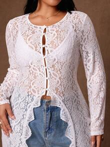 Rustia Plus Size Women's Long Sleeve Long Split Hem Slim Fit Lace Top For Early Autumn - White - View 5