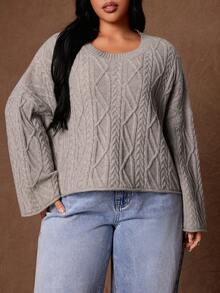 Rustia Sweater Pullover Leher Bulat Rajut Kabel Model Tali Kepang Ukuran Besar untuk Wanita, Cocok untuk Pemakaian Sehari-hari, Bepergian, dan Pakaian Rumah di Musim Dingin - Unta - View 3