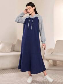 Mulvari Women's Colorblock Raglan Long Sleeve Drawstring Hooded Sweatshirt Dress - Navy Blue - View 8
