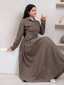 Veilorie Women's Autumn/Winter Casual Front Button Cinched Waist Long Dress - Brown - View 3