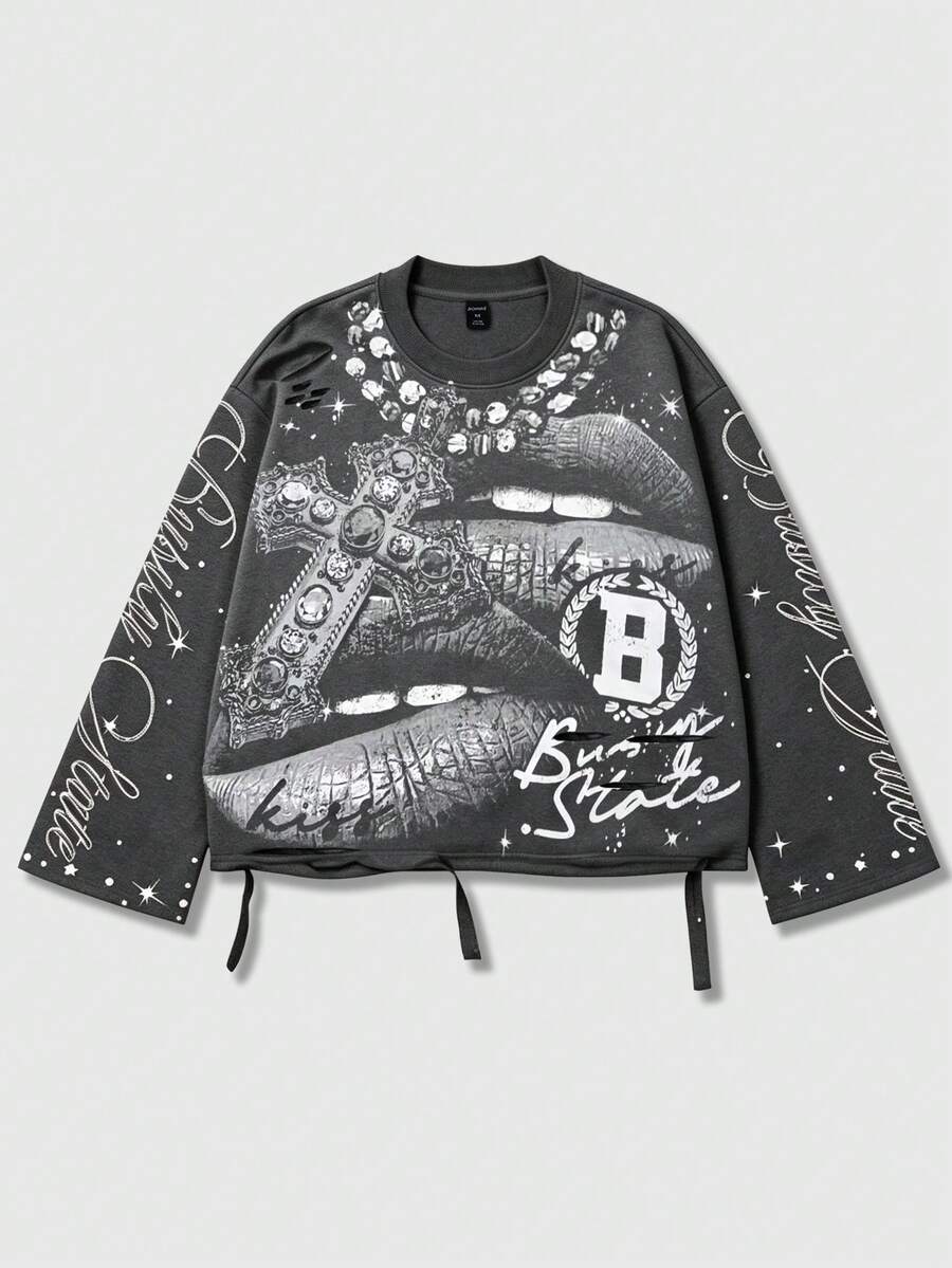ROMWE MEN Street Life Design-Driven Vintage Street Style Heavy Distressed Saint Print Long Sleeve Crew Neck Men's T-Shirt - Grey - View 1