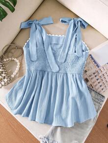 Story & Sage Casual Cute Romantic Home Vacation Women's Tank Top Spring Summer Fitted Contrast Color Ribbon Tie Bow Blue And White Stripe Skirt Hem Tank Top - Baby Blue - View 2