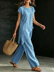 Trelyra Women's Light Blue Summer Casual Two-Piece Set Asymmetrical Hem Button-Embellished Flared-Hem Top Suit,Country-Style Vacation Wear Occasion Outfits - Blue - View 5