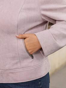 EMERY ROSE Plus Size Women's Autumn/Winter Casual Baggy Streetwear Elegant Fashion Faux Suede Zip Up Pink Jacket With Pockets, Party Club Family Office Fall Coat - Pink - View 7