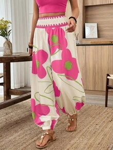 Louniche Women's Elastic Waist Lantern Pants For Spring/Summer Vacation, Fashionable For Summer Wear Beach Vacation Pink Floral - Multicolor - View 5