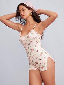 Elorette Ditsy Floral Backless High Elasticity Frill Trim Romantic Pastoral Women's Pajama Bodysuit - White - View 6