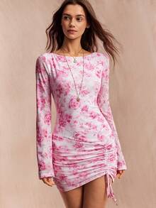 Willow Rêve Women's White And Pink Romantic Sexy Elegant Floral Elastic Mesh Ruched Flared Sleeve Mini Waist-Cinching Dress Valentine's Day Party Autumn - Pink - View 7