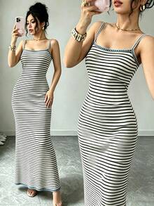 Rafferiza Women's Summer Retro Striped Knit Cami Dress Sexy Sleeveless Backless Bodycon Dress Summer Vacation Rib-Knit Spaghetti Strap Long Slip Dress - Multicolor - View 1