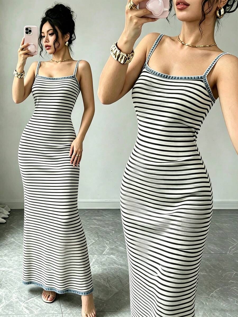 Rafferiza Women's Summer Retro Striped Knit Cami Dress Sexy Sleeveless Backless Bodycon Dress Summer Vacation Rib-Knit Spaghetti Strap Long Slip Dress - Multicolor - View 1