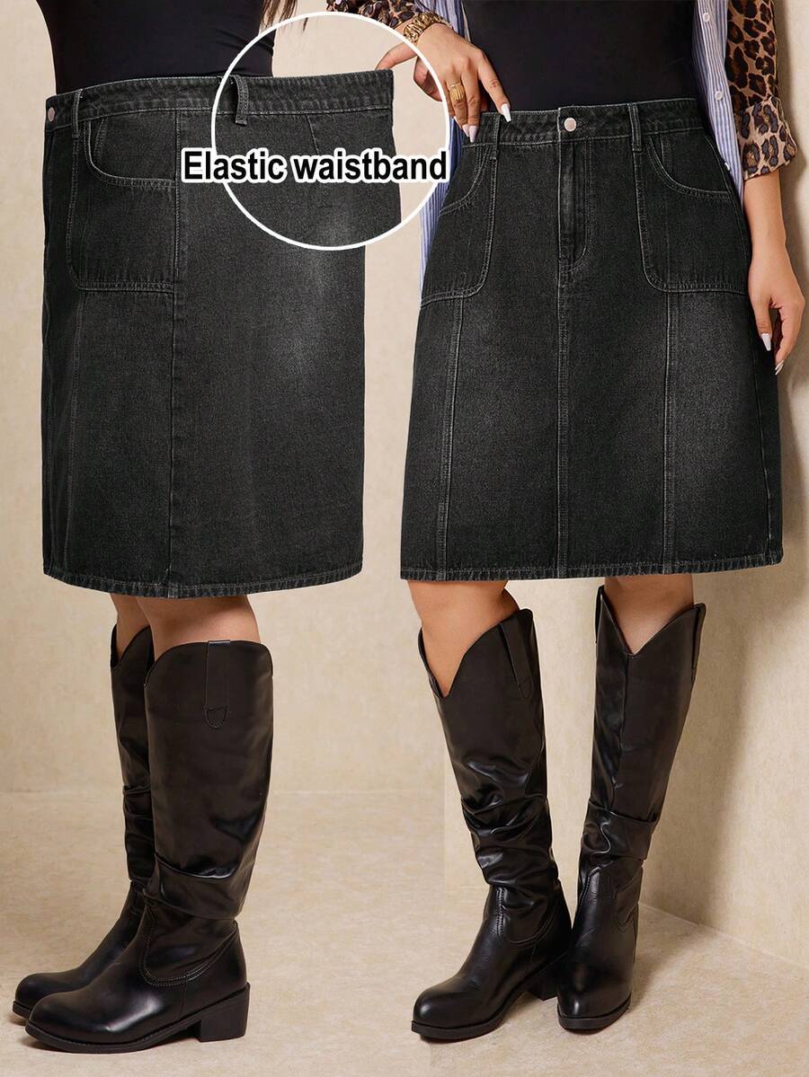 Elaquor Plus Size Fashion Versatile Button Pocket Denim Skirt Teacher For Women - Black - View 1