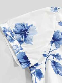 Ceyna Plus Size Women's Summer Short Sleeve Dress, Elegant Shirt Collar Tie Waist Midi Dress, Suitable For Casual, Vacation And Commute Occasions, Daily Wear, Party, Date, Shirt Dress, Floral Dress - Blue and White - View 7