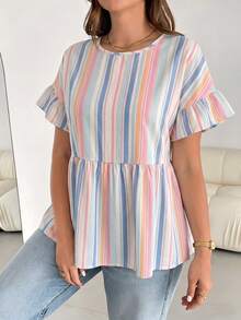 Shapeblank Women's Casual Colorblock Striped Print Plus Size Round Neck Ruffle Short Sleeve Blouse, Summer - White - View 4