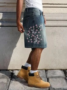 Manfinity EMRG Men's Streetwear Casual Embroidered Blue Denim Shorts - Medium Wash - View 7
