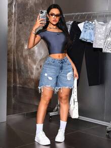 SHEIN ICON 女款休閒破洞毛邊牛仔短褲，附口袋 - 藍色 - 查看 7