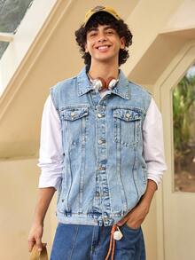 Whitmere Men's Denim Sleeveless Jacket Casual Trucker Vest, Light Color, Street Style, Suitable For Spring/Autumn - Light Wash - View 5