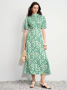 Aveloria Modichic Vestido de mujer de cintura estrecha, línea A, cuello alto, plisado vertical, mangas abullonadas, elegante, francés, tropical, romántico, vintage, dulce, blanco con estampado floral de hojas verdes - Verde - Ver 5