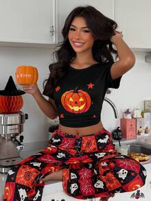 ZzzCrew Women's Pumpkin Ghost Halloween Element Print Casual Crew Neck Short Sleeve Pajama Set - Black - View 4