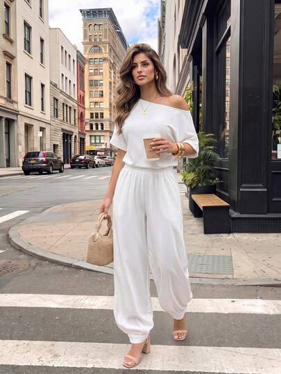 SHEIN PETITE Off-White Two Pieces Set For Petite Women – Suitable For Casual, Commuting, And Business Wear.