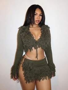 Slaydiva Women Army Green Fringe Knit Two Piece Set V‑Neck Cropped Cardigan Drawstring Mini Skirt Matching Outfit Club Party Holiday Tassel Matching Going‑Out - Army Green - View 2