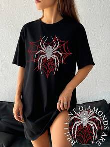 SHEIN EZwear 女款休閒寬鬆圓領短袖短洋裝，適合夏季 - 黑色 - 查看 3