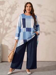 EMERY ROSE Plus Size Women's Colorblock Long Sleeve Top And Pants Casual Daily 2 Pieces Set Fall - Blue and White - View 1