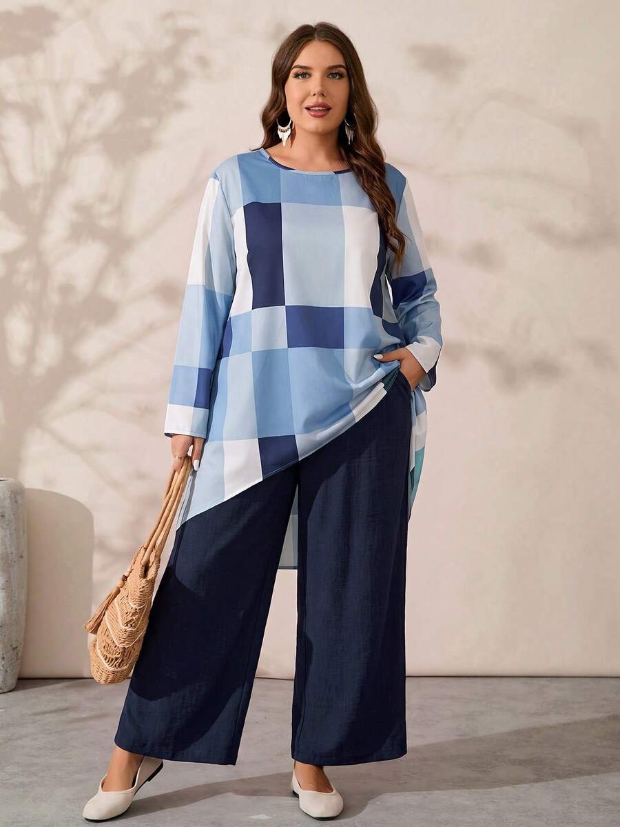 EMERY ROSE Plus Size Women's Colorblock Long Sleeve Top And Pants Casual Daily 2 Pieces Set Fall - Blue and White - View 1