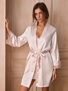 Charlaine Women Pajama Sets Berikat Kontras Lace Split Plain Anggun - Sampanye - View 6