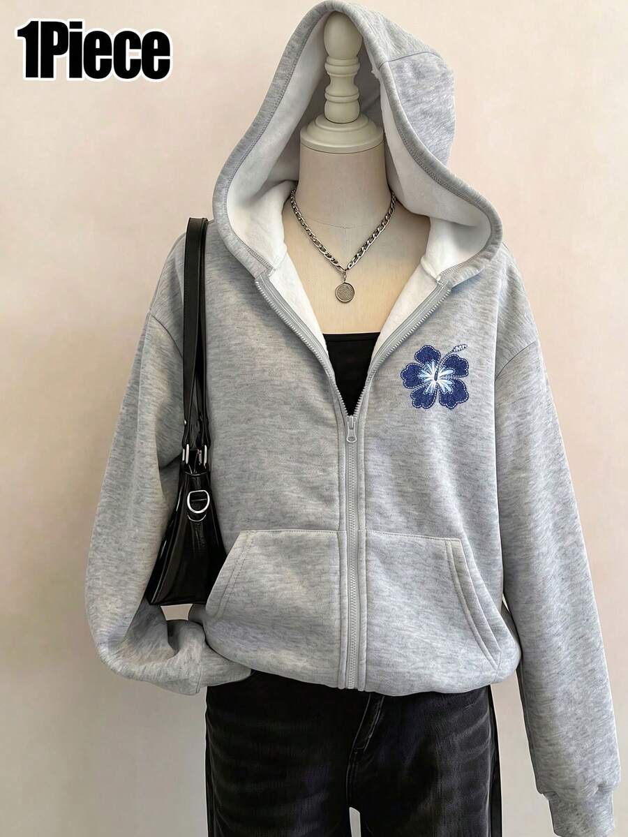 Tween Girl Floral Pattern Hooded Zip-Up Casual Daily Long Sleeve Sweatshirt - Light Grey - View 1