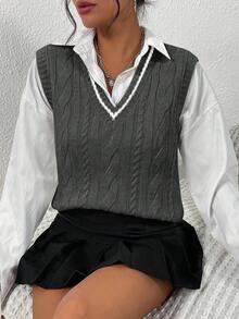 SHEIN PariChic 女款編織拼色背心外套，學院風 - 深灰色 - 查看 4