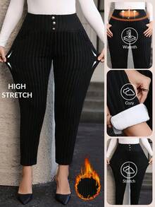 SHEIN Clasi 大尺碼女款腰部鈕扣設計休閒修身長褲 - 黑色 - 查看 4