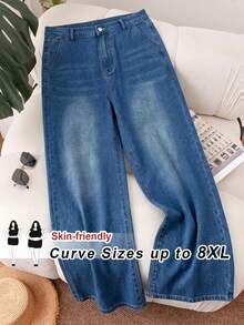 SHEIN CURVE+ 大尺碼時尚百搭鈕扣口袋寬鬆牛仔褲 海軍藍 傳統正式 度假海灘俱樂部 夏季休閒寬腿 - 藍色 - 查看 2