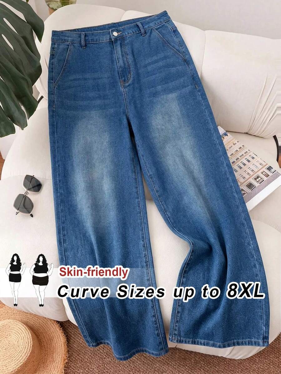 SHEIN CURVE+ 大尺碼時尚百搭鈕扣口袋寬鬆牛仔褲 海軍藍 傳統正式 度假海灘俱樂部 夏季休閒寬腿