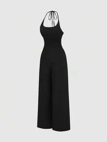 Sweetra Women's Solid Color Pleated Design Wide Leg Halter Neck Jumpsuit - Black - View 1