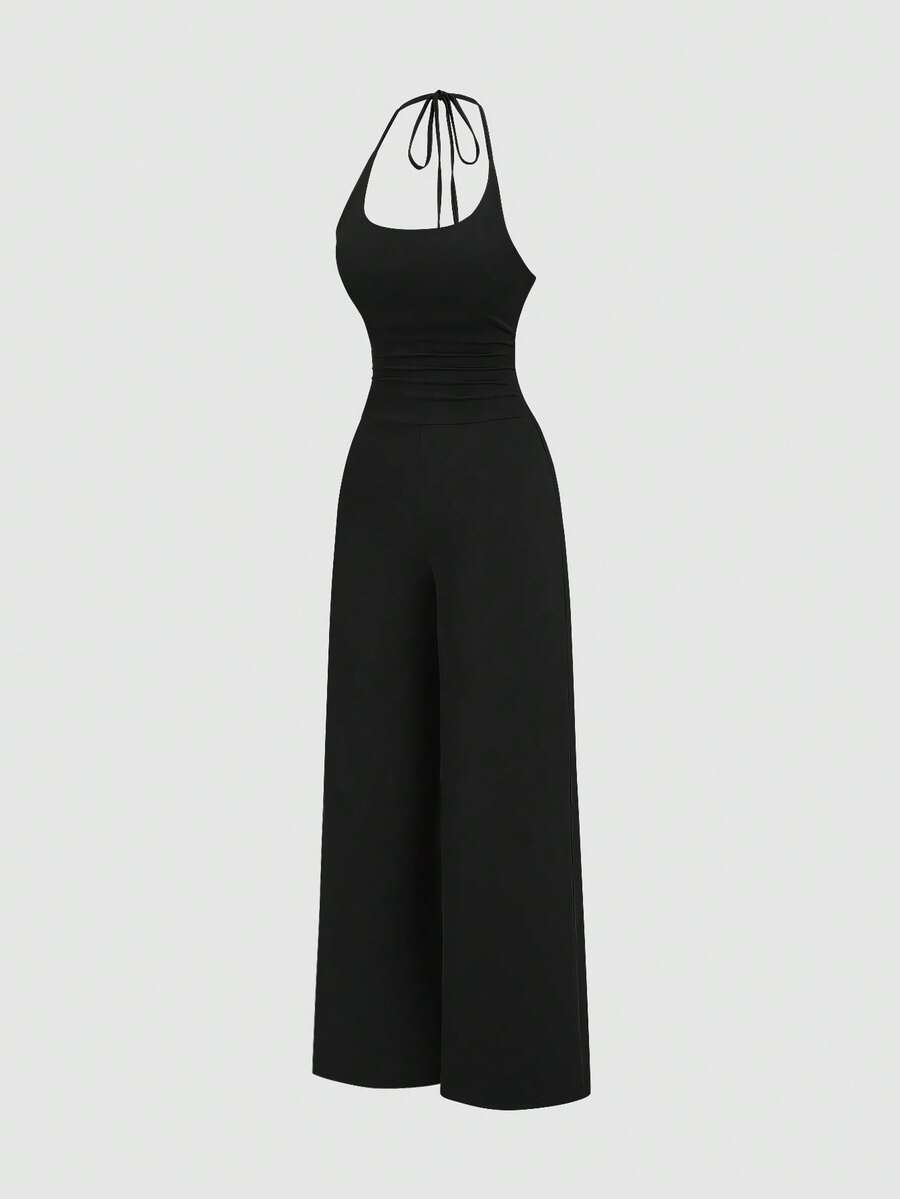 Sweetra Women's Solid Color Pleated Design Wide Leg Halter Neck Jumpsuit - Black - View 1