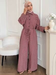 DAZY Autumn Plaid Loose Women's Loungewear Jumpsuit - Pink - View 4