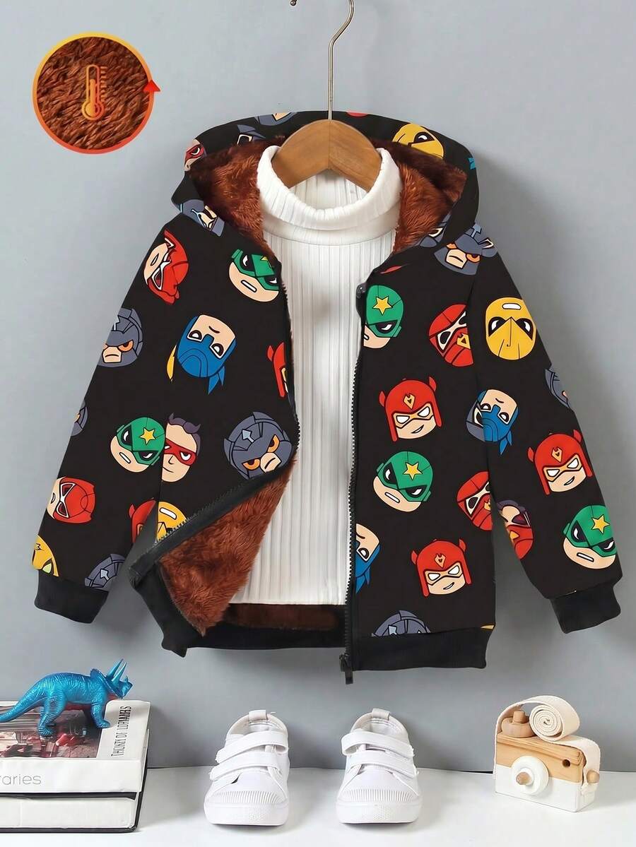 SHEIN 小男孩卡通角色印花刷毛內裡連帽外套,適合四季與戶外活動,為兒童提供全天候保護與保暖。學校、戶外玩耍、日常穿著 - 黑色 - 查看 1
