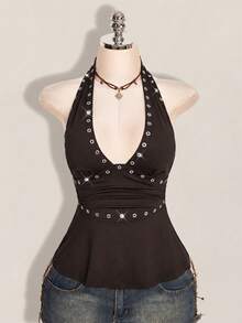 SHEIN ICON 萬聖節女款掛脖露背黑色娃娃裝背心 - 棕色 - 查看 5