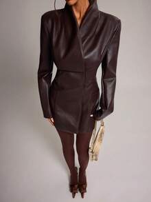 SHEIN BAE Jaket Blazer Wanita Warna Polos Kasual Serbaguna untuk Perjalanan Sehari-hari - Coklat - View 4