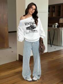 SHEIN EZwear 33% Cotton Blend Casual Autumn/Winter White Loose Asymmetrical Shoulder Women's Sweatshirt, Retro Print Pattern, Versatile - Multicolor - View 5