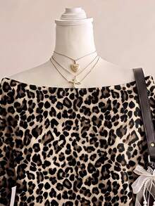 SHEIN EZwear 經典豹紋不對稱領女款運動衫，棕色調，秋季休閒街頭風，適合多種場合，Y2K復古風，返校季秋冬上衣 - 彩色 - 查看 5