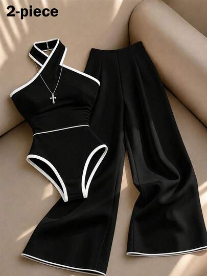 GlowEve White Criss-Cross Halter Jumpsuit + Mid-Waist Straight Leg Pants 2 Pieces Set For Women