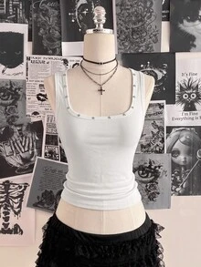 Attitoon 女款休閒復古修身背心，Y2K風格，街頭穿搭，適合日常通勤、約會、派對、秋冬春夏、聖誕節、新年、感恩節、婚禮、海灘、畢業季，時尚優雅休閒，適合外出約會通勤 - 白色 - 查看 3