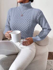 EURMUSE Turtleneck Cable Knit Sweater - Blue - View 4