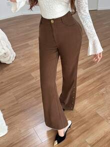 Feyla New Maillard Vintage Button-Front Flare Leg Pants - Brown - View 4