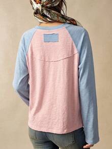 Bohemela Women's Colorblock Raglan Long Sleeve Crew Neck Casual T-Shirt - Pink - View 2