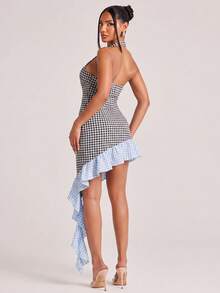 NYA SZN Dress Mini Length High Low Hem Ghingham Color Block Flounce Detail Ruffle Sleeveless Outfits For Women - Black and White - View 2