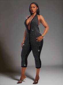 SHEIN SXY Plus Size Women's Rhinestone Halter Neck Sexy Casual Jumpsuit - Black - View 9